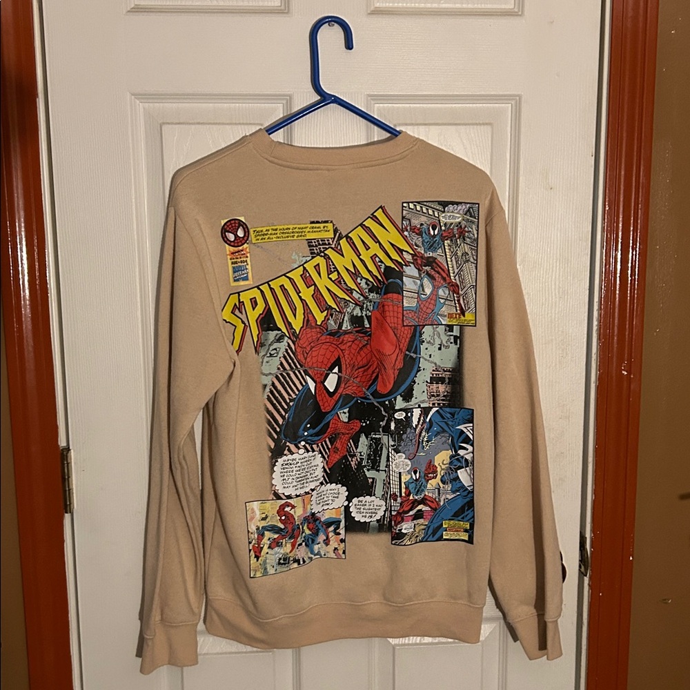 Marvel Spiderman Sweatshirt Men Medium Vintage Look Comic Book Page Tan Pullover